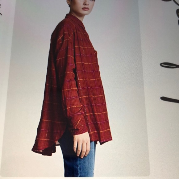 BNWT FREE PEOPLE RED METALLIC PLAID BUTTON SHIRT - Picture 6 of 6